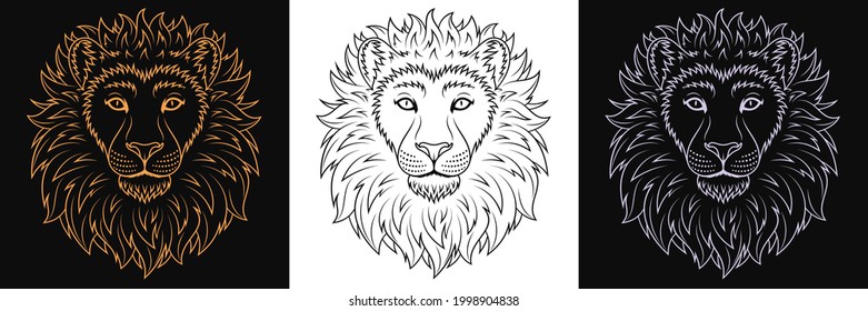 Gold, black and silver lion head, set of isolated outline lion face. Predatory wildcat. Lion silhouette, logo and mascot. Vector illustration for graphic design of cover, poster, sticker and print