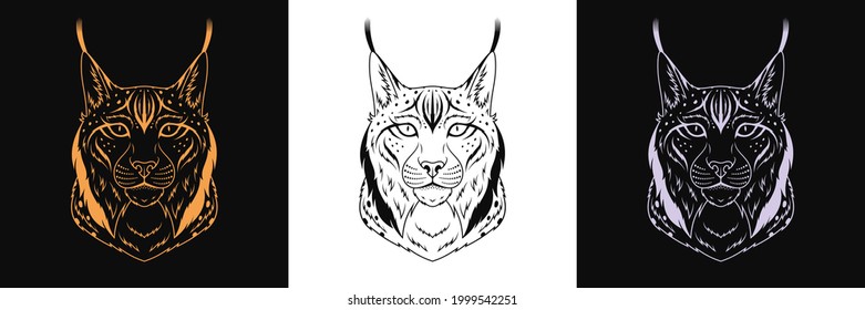 Gold, Black And Silver Lynx Head, Set Of Isolated Outline Lynx Face. Predatory Bobcat. Lynx Silhouette, Logo And Mascot. Vector Illustration For Graphic Design Of Cover, Poster, Sticker And Print