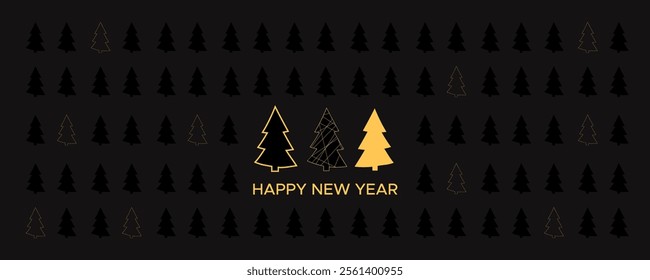 Gold and black spruces on a black background. Happy New Year and Merry Christmas banner with a minimalistic design.	