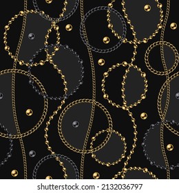 Gold and black steel metallic realistic chains and beads. Seamless vector background with abstract shapes. Design for textile, fabric, wallpaper, wrapping, background.