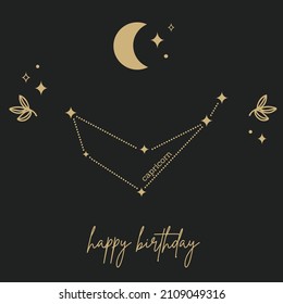 Gold and black stylish magic zodiac capricorn  birthday card with star constellation, moon, stars and leaves