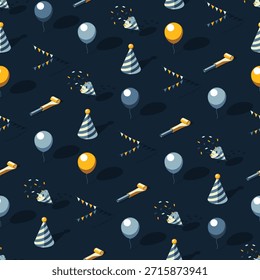 Ouro e preto temático padrão contínuo de ícones de festa de aniversário com sombras