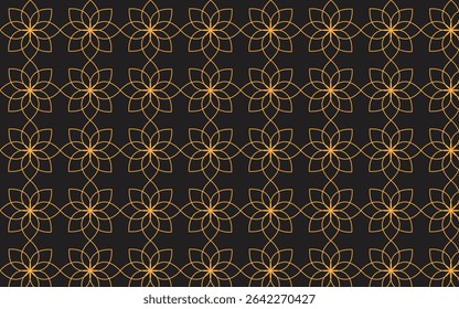 Gold and black thin line seamless vector pattern. Geometric floral linear flower tile pattern. Luxurious oriental art deco texture background. Golden lines on blackbackground wedding design.