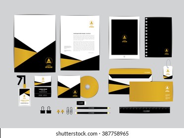 Gold And Black With Triangle Corporate Identity Template For Your Business Includes CD Cover, Business Card, Folder, Ruler, Envelope And Letter Head Designs 