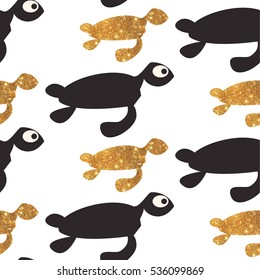 Gold and black turtle pattern. Vector seamless illustration in modern style for gift paper, wallpaper, etc