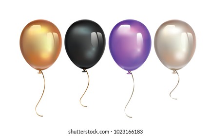 Gold, black, ultra violet balloon and pearl balloon with reflects isolated on white background. Birthday ballon set.  Inflatable air flying balloon realistic 3D vector illustration. 