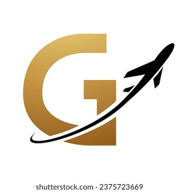 Gold and Black Uppercase Letter G Icon with an Airplane on a White Background