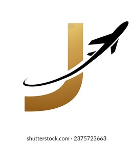 Gold and Black Uppercase Letter J Icon with an Airplane on a White Background