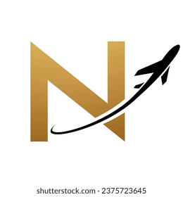 Gold and Black Uppercase Letter N Icon with an Airplane on a White Background