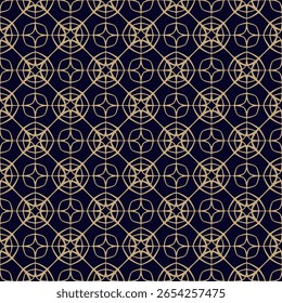 Gold and black vector linear ornament. Abstract geometric seamless pattern with lattice, grid, net, star shapes, diamonds. Simple luxury golden background texture. Elegant repeated all-over design