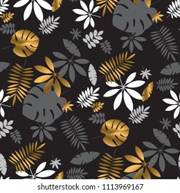 Gold and black vibrant tropical leaves seamless pattern for background, wrapping paper, fabric, surface design. Endless geometric foliage repeatable motif for surface design
