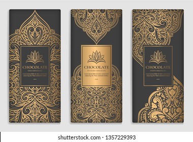 Gold and black vintage packaging design of chocolate bars. Vector luxury template with ornament elements. Can be used for background and wallpaper. Great for food and drink package types.