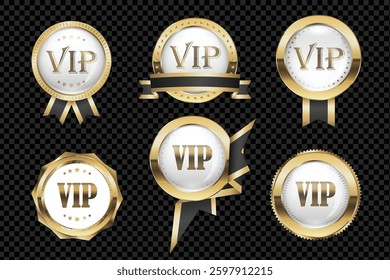 Gold and Black VIP badge and emblem with ribbons, glass lens and gold elements, vector (EPS) illustration set on transparent background