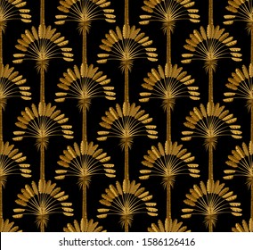 Gold and black Wallpaper with floral pattern in the style of art Deco. Ordered vintage ornament with palm trees.