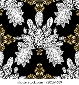Gold black, white and gray floral ornament in baroque style. Damask seamless pattern repeating background. Golden element on black, white and gray colors. Gold Wallpaper on texture background.