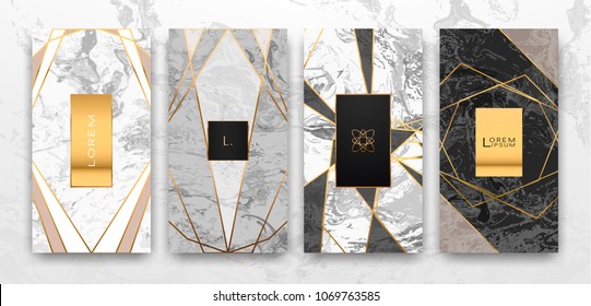 Gold, black, white marble template, artistic covers design, colorful texture, realistic cube, backgrounds. Trendy pattern, graphic poster, geometric brochure, cards. Vector illustration.