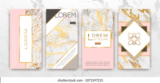 Gold, black, white marble template, artistic covers design, colorful texture, realistic cube, backgrounds. Trendy pattern, graphic poster, geometric brochure, cards. Vector illustration.