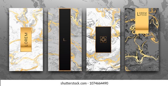 Gold, black, white marble template, artistic covers design, colorful texture, realistic cube, backgrounds. Trendy pattern, graphic poster, geometric brochure, cards. Vector illustration.