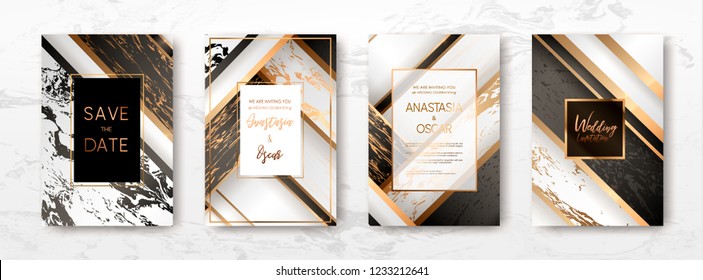 Gold, black, white marble template, artistic covers design, colorful texture, realistic cube, backgrounds. Trendy pattern, graphic poster, geometric brochure, cards. Vector illustration.