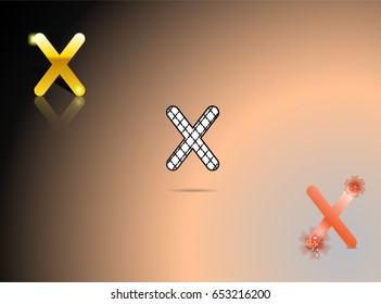 Gold, black and white, orange colors with the letter X in gray-pink-black background