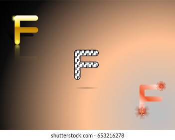 Gold, black and white, orange colors with the letter F in gray-pink-black background