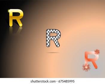 Gold, black and white, orange colors with the letter R in gray-pink-black background