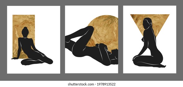 Gold and black women wall art, vector set. Boho silhouette art drawing with abstract shape. Abstract body Art design for print, cover, wallpaper, Minimal wall art.