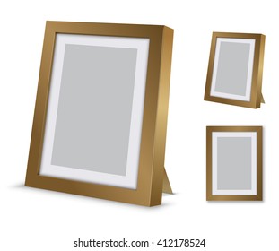 Gold blank desktop picture frame. Vector illustration with front wall version