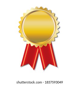 Gold blank medal with red ribbon. Winner's medallion. First place prize. Champion symbol. Vector illustration.