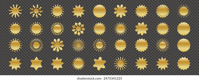 Set de promoción de pegatinas en blanco dorado. Colección de starburst dorado plano, etiqueta de venta o Precio, diseño de marca de calidad, insignia de descuento retro de los años 70 u 80, elemento promocional sunray. Vector de insignias de hipster