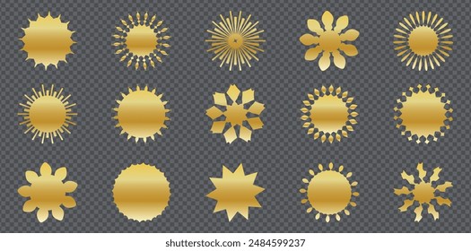 Set de promoción de pegatinas en blanco dorado. Colección de starburst dorado plano, etiqueta de venta o Precio, diseño de marca de calidad, insignia de descuento retro de los años 70 u 80, elemento promocional sunray. Vector de insignias de hipster