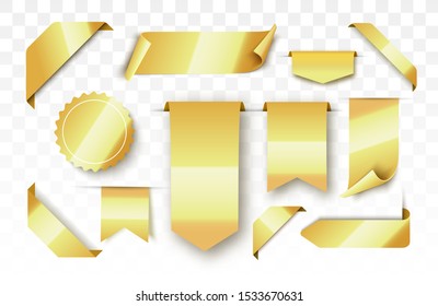 Gold blank tags and ribbons isolated. Vector banners, badges and labels.