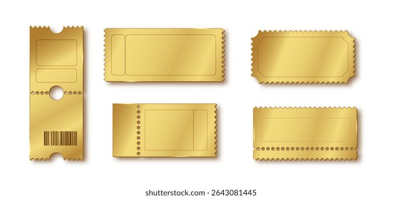 Gold blank tickets collection. Premium invitation templates for movie, concert, or celebration. Elegant shiny gold vector stubs isolated on white