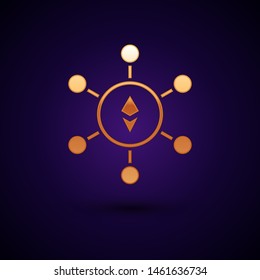 Gold Blockchain technology Ethereum ETH icon isolated on dark blue background. Abstract geometric block chain network technology business.  Vector Illustration