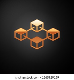 Gold Blockchain technology icon isolated on black background. Cryptocurrency data sign. Abstract geometric block chain network technology business. Vector Illustration