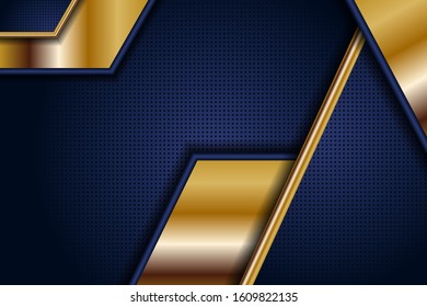 Gold blue abstract background with overlap layers. Paper texture with golden element decoration. dark square pattern. Luxury, elegant, and modern design template for use frame, cover, banner, business