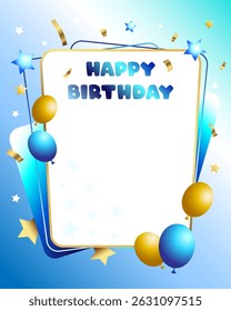 Gold blue birthday vector greeting card with balloons and confetti decoration