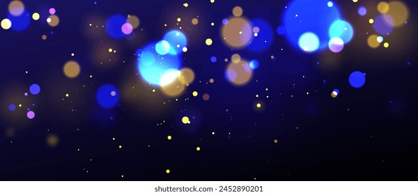 Gold und blau Bokeh Glitzer auf schwarzem Hintergrund. Vektorgrafik Realistische Illustration von abstrakten Blitzlichtern, funkelnde Leuchtraketen auf dunkler Kulisse, Feierabenddekoration, Weihnachtsfeier