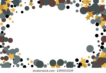 Gold, blue, brown, black confetti with circles and stars. Cosmic shine. Christmas abstract pattern. Beautiful illustration for postcard, banner, web. Background for the image. Vector illustration