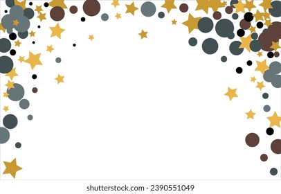 Gold, blue, brown, black confetti with circles and stars. Cosmic shine. Christmas abstract pattern. Beautiful illustration for postcard, banner, web. Background for the image. Vector illustration