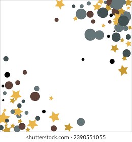 Gold, blue, brown, black confetti with circles and stars. Cosmic shine. Christmas abstract pattern. Beautiful illustration for postcard, banner, web. Background for the image. Vector illustration