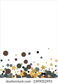 Gold, blue, brown, black confetti with circles and stars. Cosmic shine. Christmas abstract pattern. Beautiful illustration for postcard, banner, web. Background for the image. Vector illustration