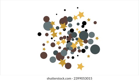Gold, blue, brown, black confetti with circles and stars. Cosmic shine. Christmas abstract pattern. Beautiful illustration for postcard, banner, web. Background for the image. Vector illustration