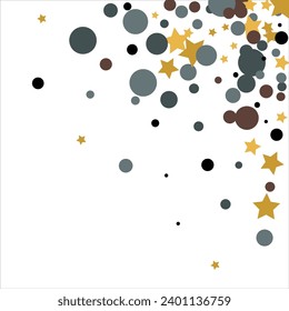 Gold, blue, brown, black confetti with circles and stars. Cosmic shine. Christmas abstract pattern. Beautiful illustration for postcard, banner, web. Background for the image. Vector illustration