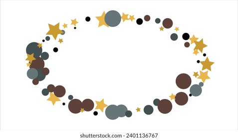 Gold, blue, brown, black confetti with circles and stars. Cosmic shine. Christmas abstract pattern. Beautiful illustration for postcard, banner, web. Background for the image. Vector illustration