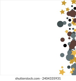 Gold, blue, brown, black confetti with circles and stars. Cosmic shine. Christmas abstract pattern. Beautiful illustration for postcard, banner, web. Background for the image. Vector illustration