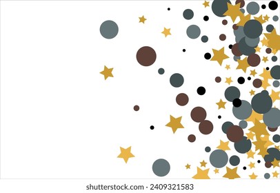 Gold, blue, brown, black confetti with circles and stars. Cosmic shine. Christmas abstract pattern. Beautiful illustration for postcard, banner, web. Background for the image. Vector illustration