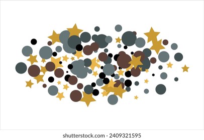 Gold, blue, brown, black confetti with circles and stars. Cosmic shine. Christmas abstract pattern. Beautiful illustration for postcard, banner, web. Background for the image. Vector illustration