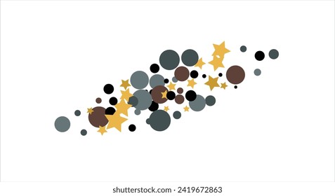 Gold, blue, brown, black confetti with circles and stars. Cosmic shine. Christmas abstract pattern. Beautiful illustration for postcard, banner, web. Background for the image. Vector illustration