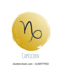 Gold blue Capricorn zodiac symbol vector, round hand painted horoscope sign. Astrological icon isolated. Capricorn astrology zodiac sign circle clip art gold and dark blue on white background.